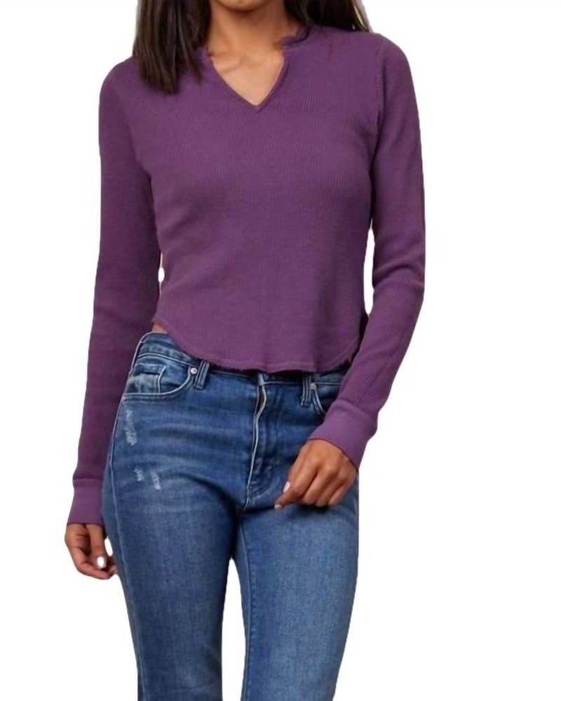 Front of a model wearing a size L Overland Keyhole Top in Eggplant in Eggplant by LAmade. | dia_product_style_image_id:334326